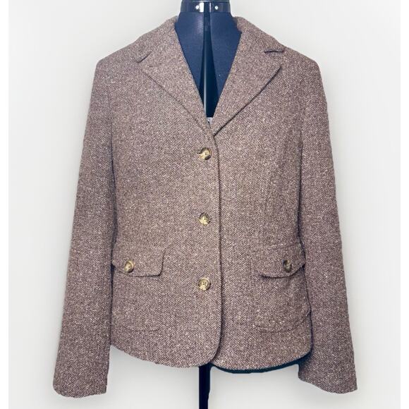 LL Bean Blazer Women Med Brown Tweed Wool Silk Blend Coat Jacket Academia Preppy - Picture 1 of 8